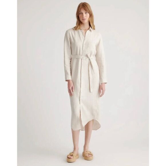 Quince European Flax Linen Belted Long Sleeve Shirtdress in Sand Size M - Picture 1 of 10
